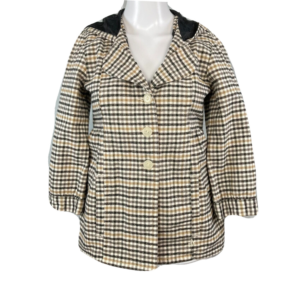 Volcom Jacket Womens Sz S Beige Plaid Cotton 3/4 Sleeve Hooded Button Up Pockets